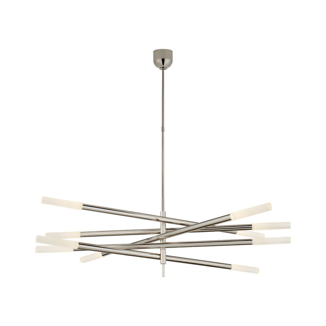 The Aurelian LED Layered Arms Alabaster Chandelier in Satin Nickel & Soft White features multiple intersecting arms, each ending in a cylindrical alabaster light, suspended elegantly from a central ceiling fixture.