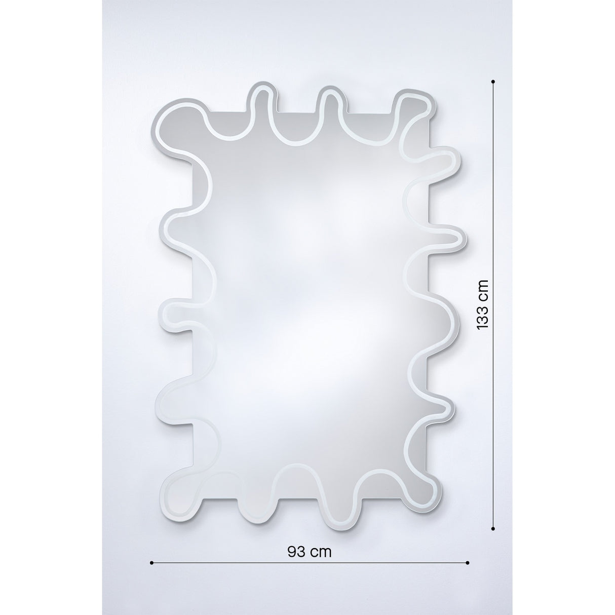 Wiggle Scalloped Edge Wall Mirror, 133cm x 93cm, frameless glass with a wavy scalloped outline and an engraved border line inside the edge, shown with dimensions on a plain white background.