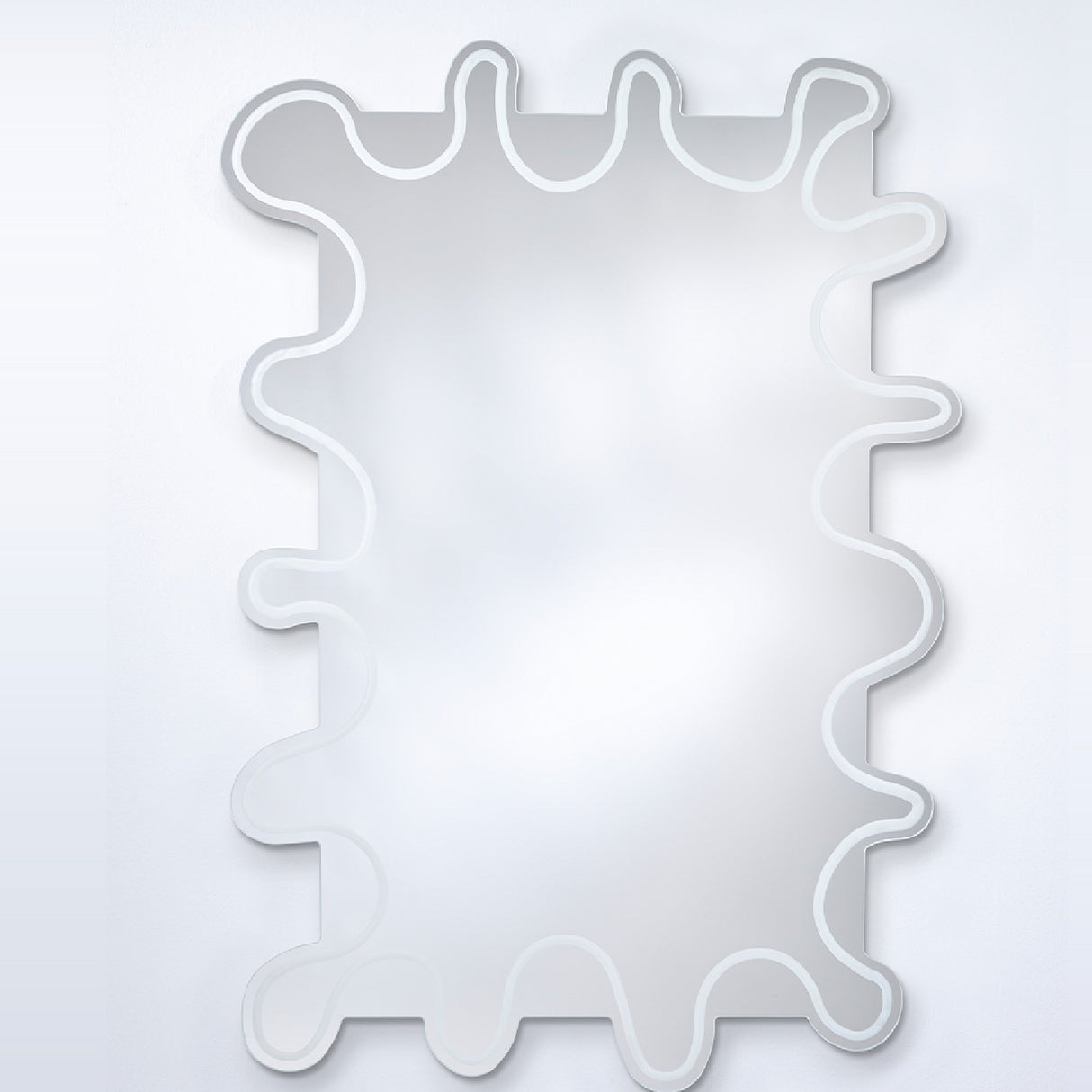 Wiggle Scalloped Edge Wall Mirror 133cm, a frameless glass mirror with a wavy irregular outline and an engraved line echoing the edge, shown on a plain white background.