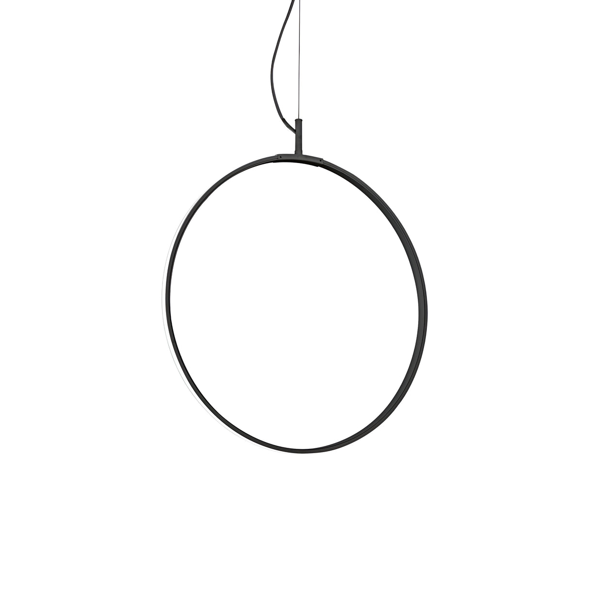 The Claria LED Suspension Light, with a power of 29W and a color temperature of 3000K, elegantly hangs from a slender wire. Its minimalist design showcases a thin black frame encircling the light, offering an energy-efficient and stylish appearance in contrast to the white background. The fixture measures 44cm in diameter, adding sleek modernity to any space.