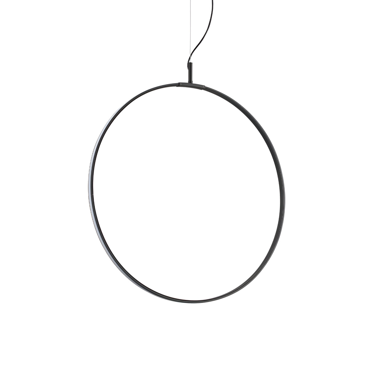 The Claria LED Suspension Light 33W 3000K - Black, with its sleek and modern design, hangs gracefully from a thin wire. It showcases a minimalist aesthetic with a simple black metal hoop encircling an energy-efficient LED strip on its inner side. The scene is set against a plain white background.