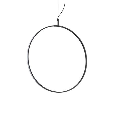 The Claria LED Suspension Light 33W 3000K - Black, with its sleek and modern design, hangs gracefully from a thin wire. It showcases a minimalist aesthetic with a simple black metal hoop encircling an energy-efficient LED strip on its inner side. The scene is set against a plain white background.