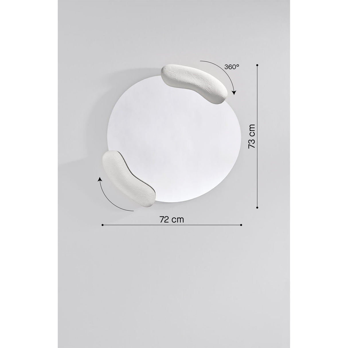 Calco White Sculpted Round Wall Mirror 73cm with two textured white moulded forms holding the asymmetric glass, shown with dimension labels and 360° rotation icon on a light grey background.