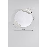 Calco White Sculpted Round Wall Mirror 73cm with two textured white moulded forms holding the asymmetric glass, shown with dimension labels and 360° rotation icon on a light grey background.