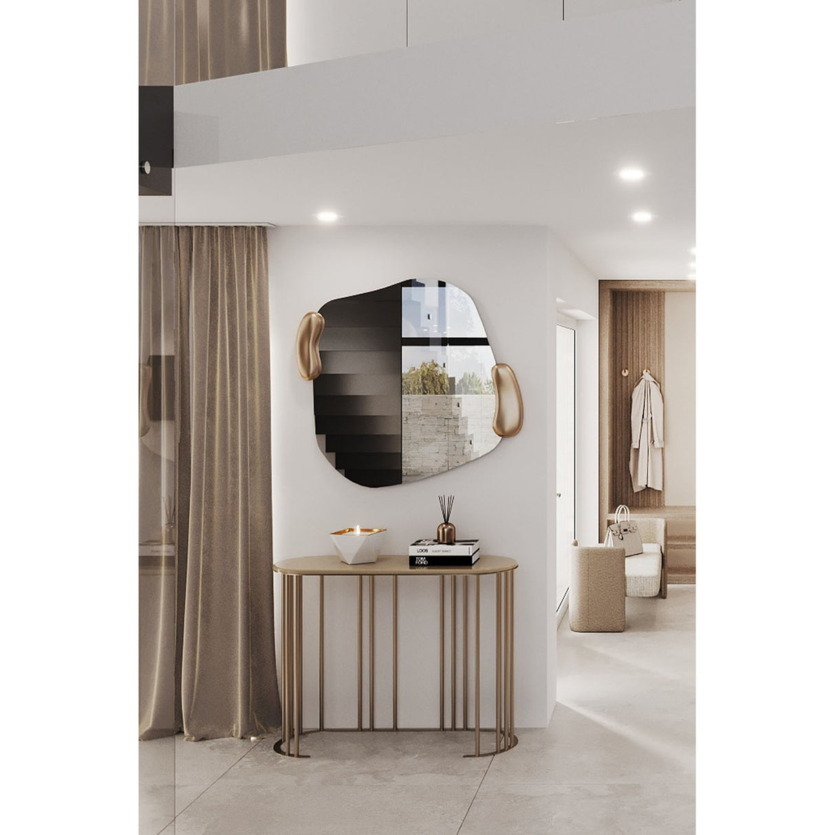 Calco Gold Leaf Sculpted Wall Mirror, 116cm irregular-shaped mirror with gold leaf sculpted side accents, shown above a gold console table in a hallway setting.