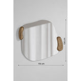 Calco Gold Leaf Sculpted Wall Mirror, 116cm, frameless irregular-shaped mirror with two organic gold leaf handles at the edges, shown with dimensions on a plain grey background.
