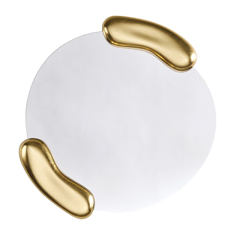 Calco Gold Leaf Sculpted Round Wall Mirror 73cm with an organic-shaped glass and two sculpted gold leaf forms holding opposite edges, shown on a plain white background.