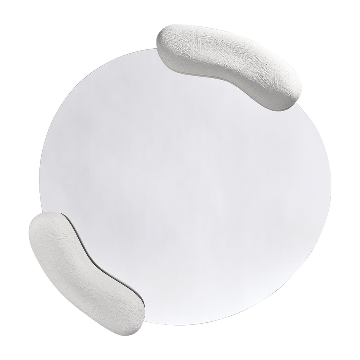 Calco White Sculpted Round Wall Mirror 73cm, with two hand-finished white sculpted forms holding the round mirror at opposite sides, textured brushstroke surface, shown on a plain white background.