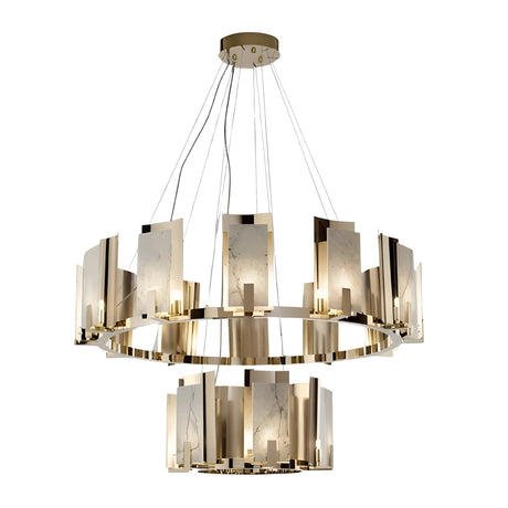 The Aurevon 16 Light 2 Tier Circular Alabaster Chandelier in Soft White & Copper features gold metal, alabaster-like rectangular panels, and a geometric design for a modern, elegant look suspended from a round ceiling mount.