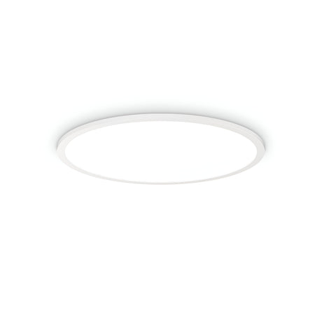 A round, white Spark Slim LED Flush Light 53W 3000K, measuring 60cm in diameter, is centered against a plain white background. Its minimalistic design showcases a smooth and simple circular shape, delivering an energy-efficient lighting solution that provides sleek and modern illumination for indoor spaces.
