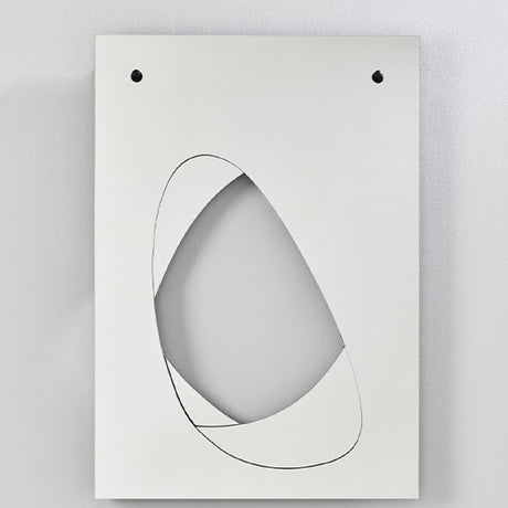 Infinito Precision Cut Void Wall Mirror 100cm, a white rectangular panel with an organic cut-out void outlined in a thin black line, mounted with two visible fixing points on a plain grey background.