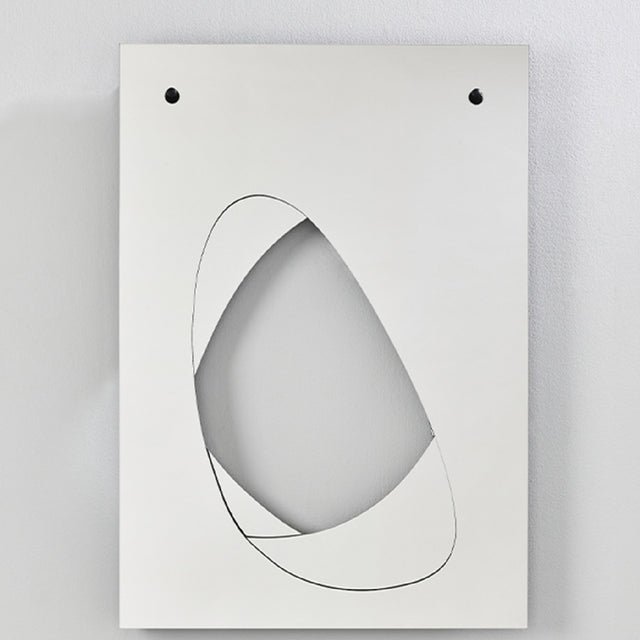 Infinito Precision Cut Void Wall Mirror 100cm, a white rectangular panel with an organic cut-out void outlined in a thin black line, mounted with two visible fixing points on a plain grey background.