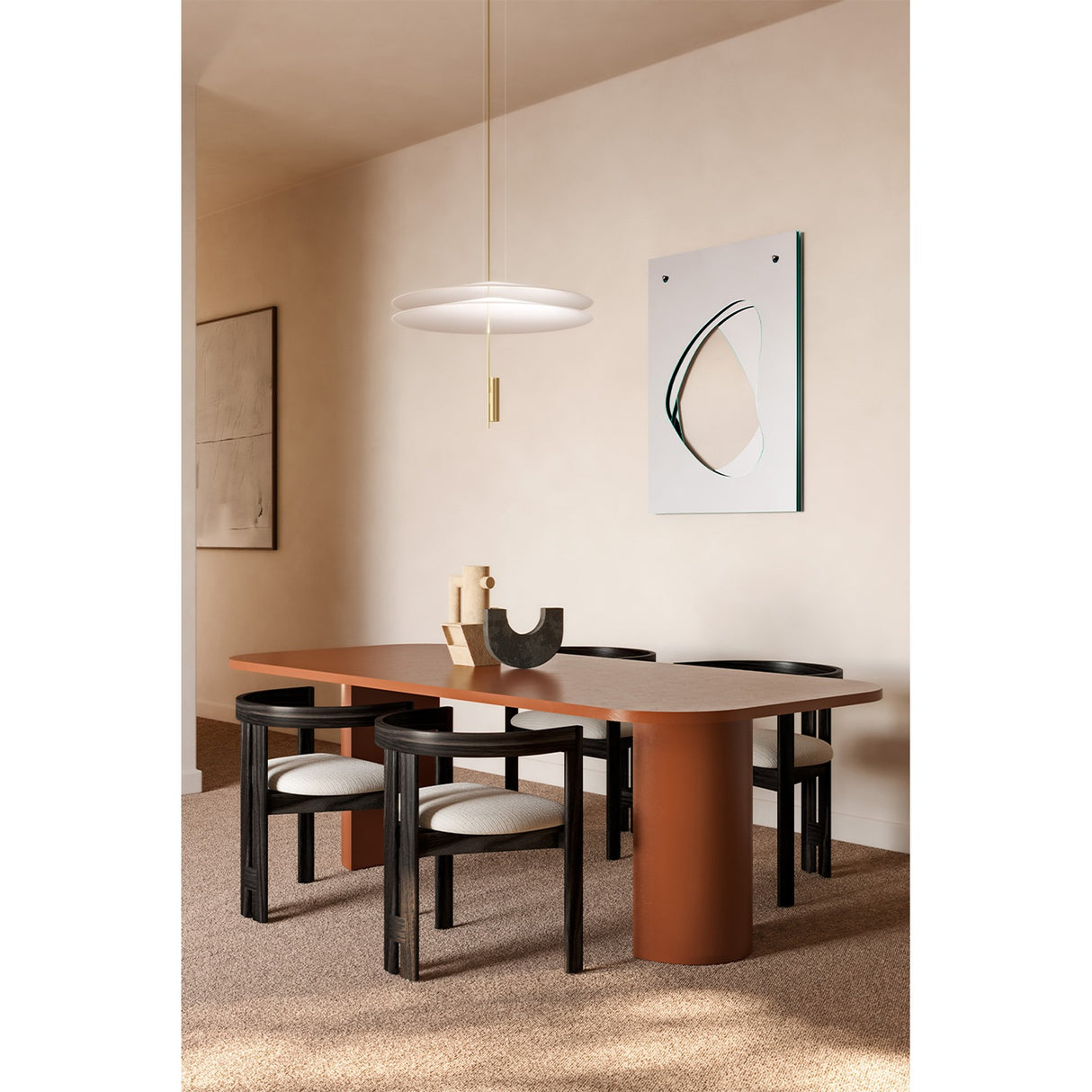 Infinito Precision Cut Void Wall Mirror 100cm hung above a dining table in a living room, rectangular white panel with an organic cut-out revealing layered mirror glass beneath.