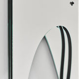 Infinito Precision Cut Void Wall Mirror 100cm, close-up of the white panel's cut void with mirrored strips and a thin black-edged line, mounting bracket visible.