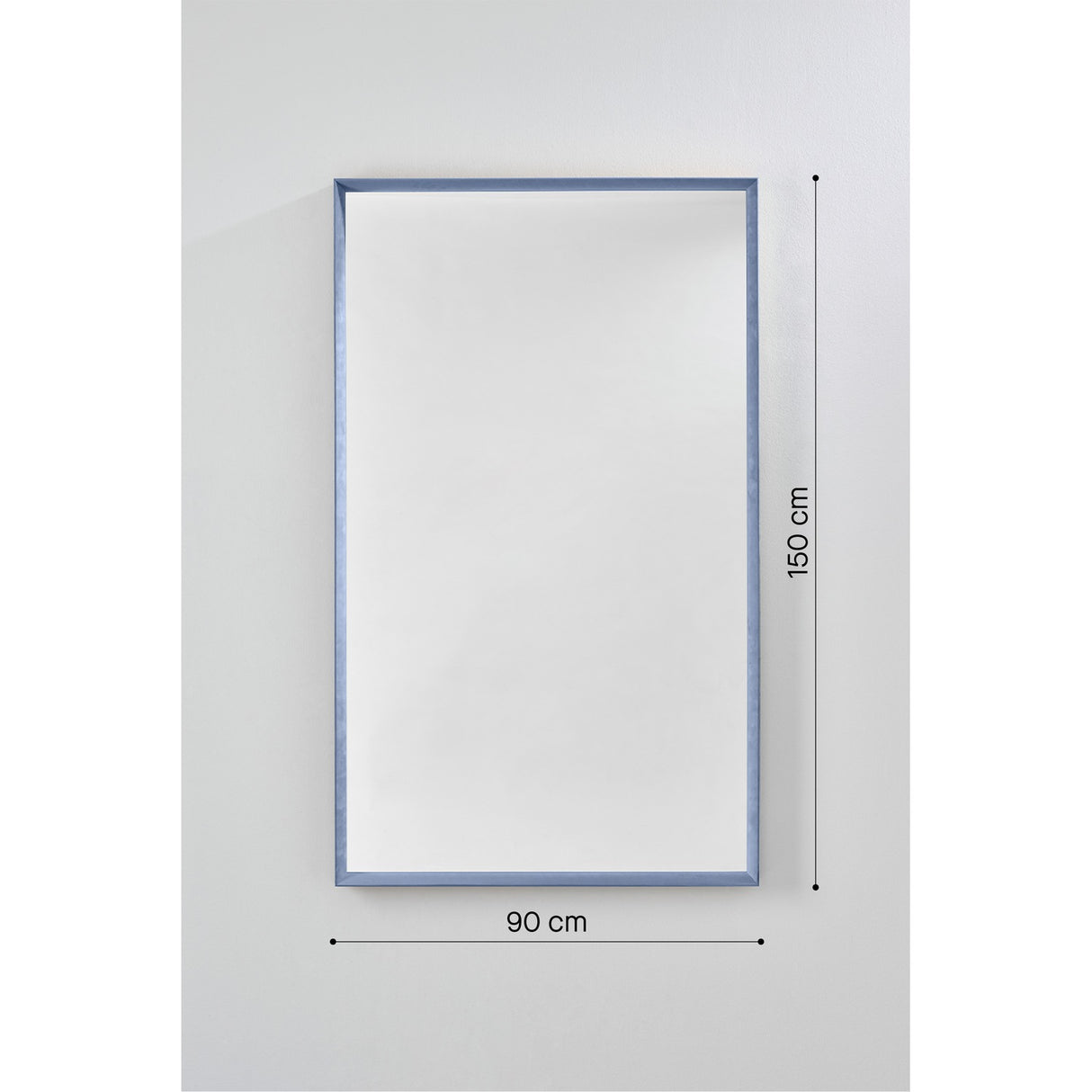 Velvet Blue Framed Rectangular Wall Mirror, 150cm x 90cm, in a deep dusty blue velvet box frame with recessed glass, shown on a plain light grey wall with dimension labels.