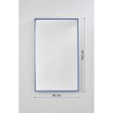 Velvet Blue Framed Rectangular Wall Mirror, 150cm x 90cm, in a deep dusty blue velvet box frame with recessed glass, shown on a plain light grey wall with dimension labels.
