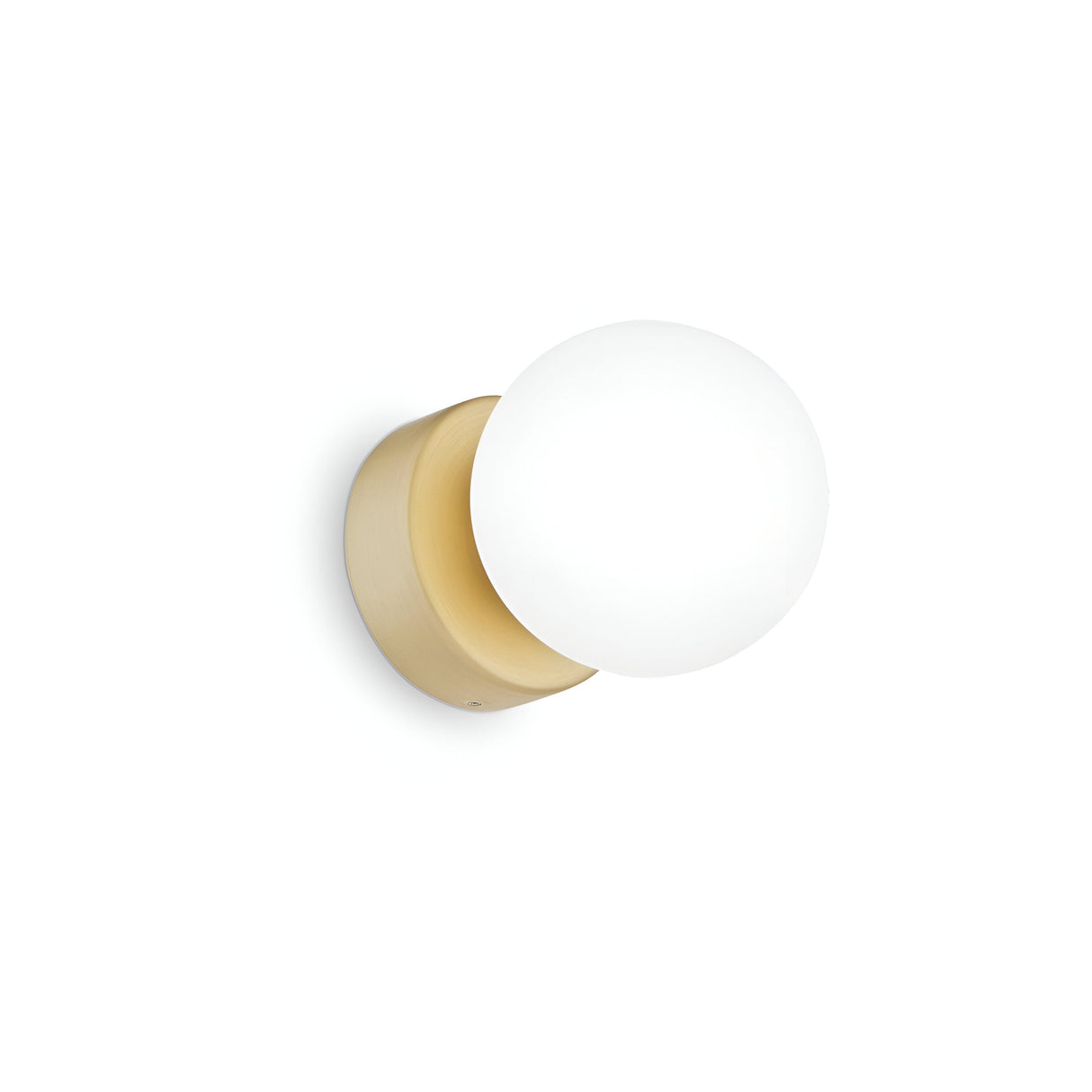 The Solana Ceiling & Wall Light - White showcases a minimalist design with its spherical acid-etched glass bulb set on a round brass base. This simple and modern light casts a soft, diffused glow and stands out against the plain white background, perfectly capturing the essence of minimalist lighting.