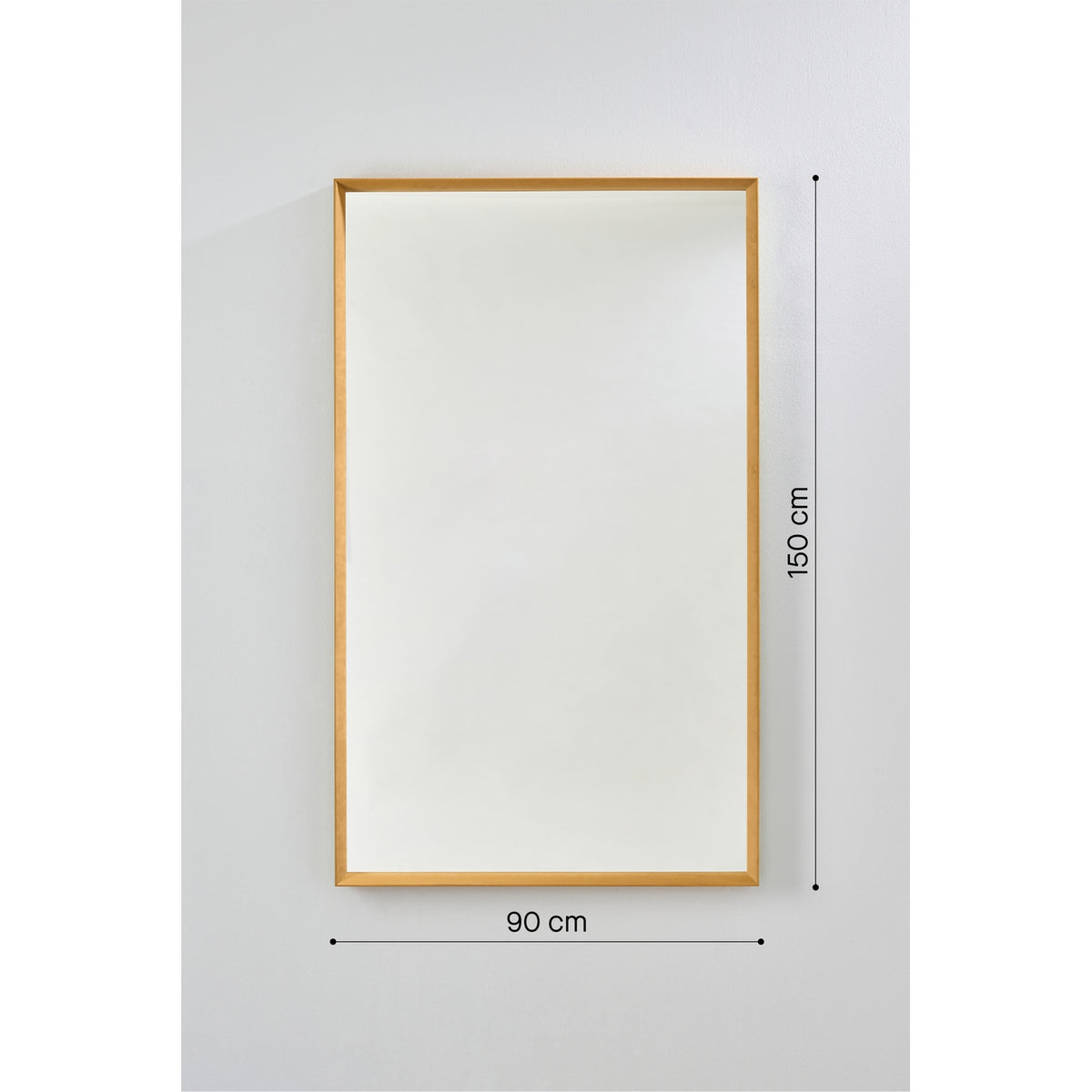 Velvet ochre framed rectangular wall mirror, dimension diagram showing 90cm width and 150cm height.