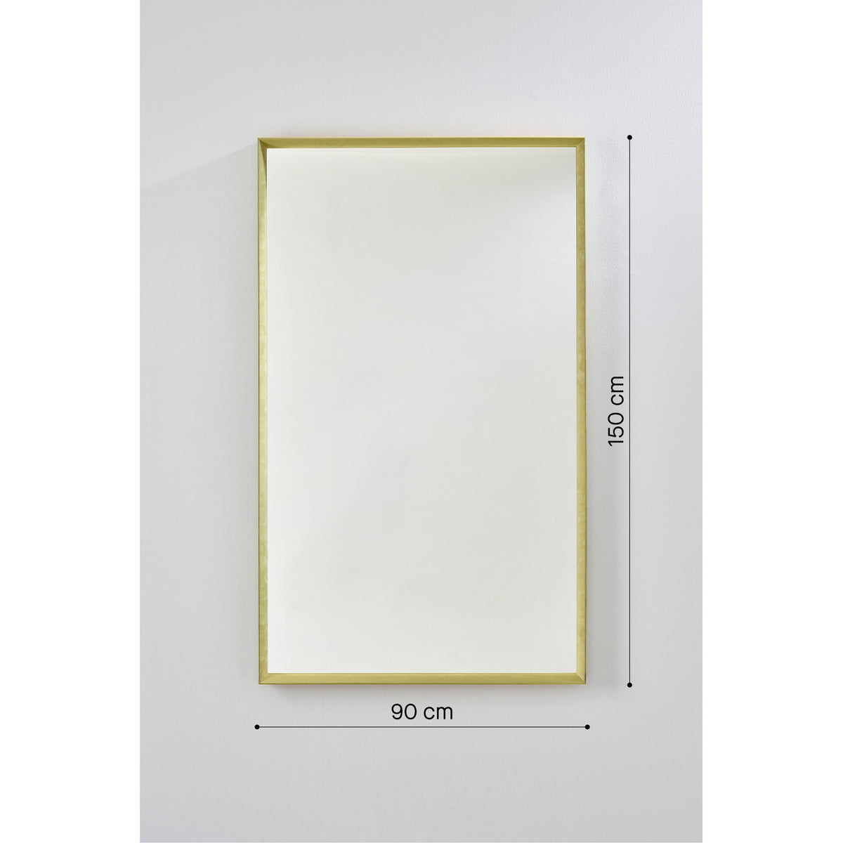 Velvet green framed rectangular wall mirror, dimension diagram showing 90cm width and 150cm height.