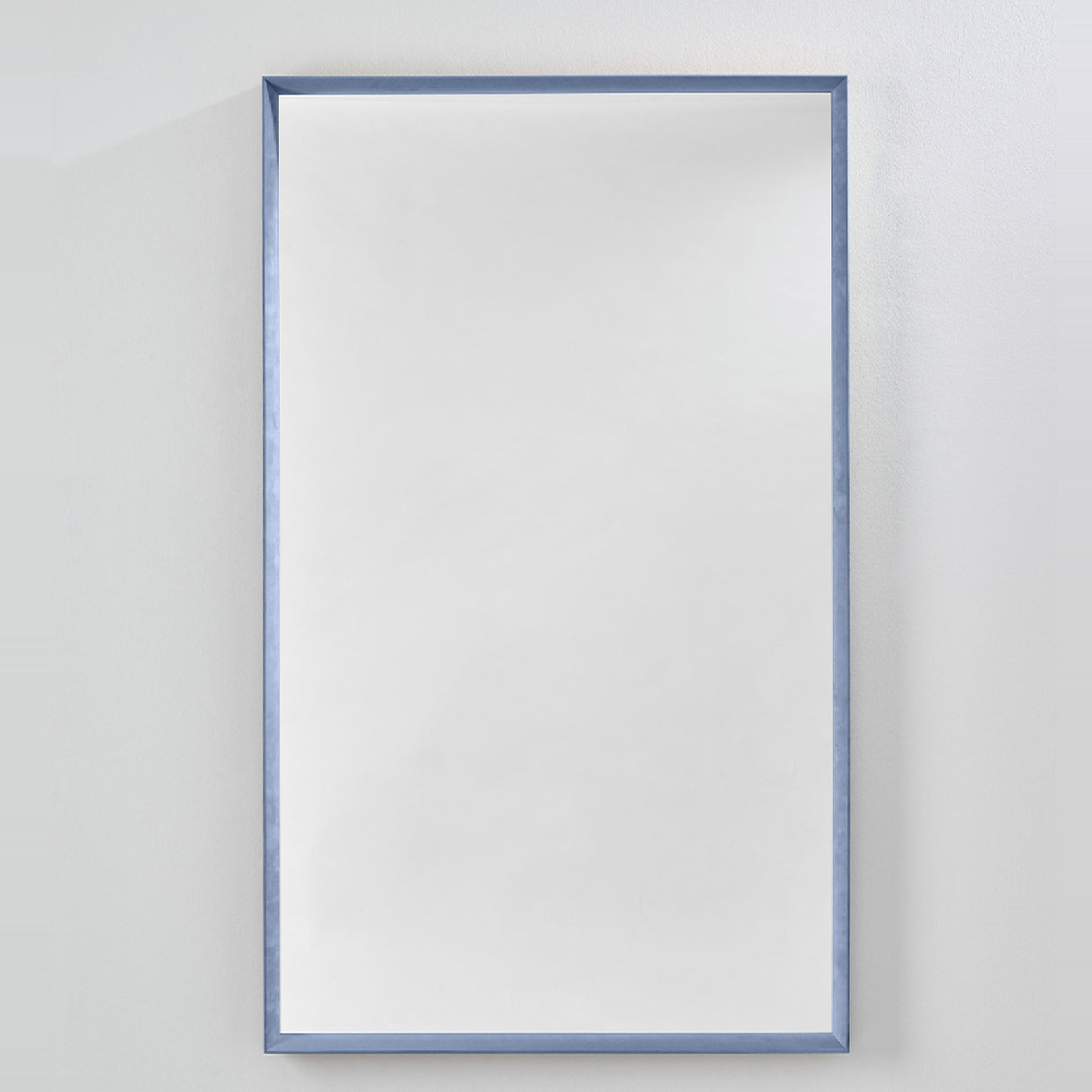Velvet Blue Framed Rectangular Wall Mirror 150cm with a deep box frame in dusty blue velvet, recessed glass, and a visible inner return, set against a plain light background.