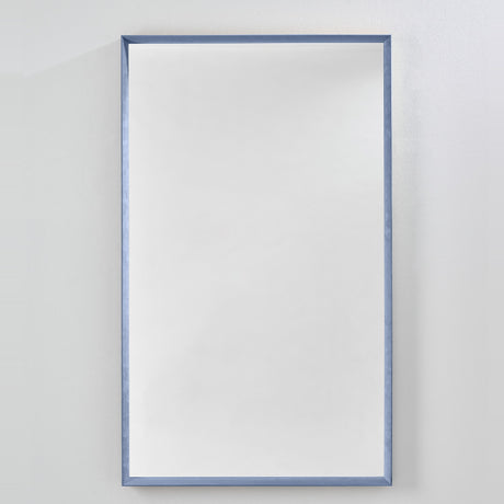 Velvet Blue Framed Rectangular Wall Mirror 150cm with a deep box frame in dusty blue velvet, recessed glass, and a visible inner return, set against a plain light background.
