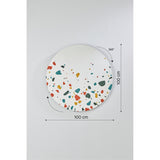 Round frameless wall mirror, 100cm diameter, with terrazzo-effect chips in red, teal, ochre and grey clustered along the lower edge, shown with dimension markers on a plain grey background.