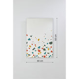 Rectangular frameless wall mirror, 120cm by 80cm, featuring red, teal, ochre and grey terrazzo chips printed along the lower edge, plain mirror above, shown against a light grey wall.