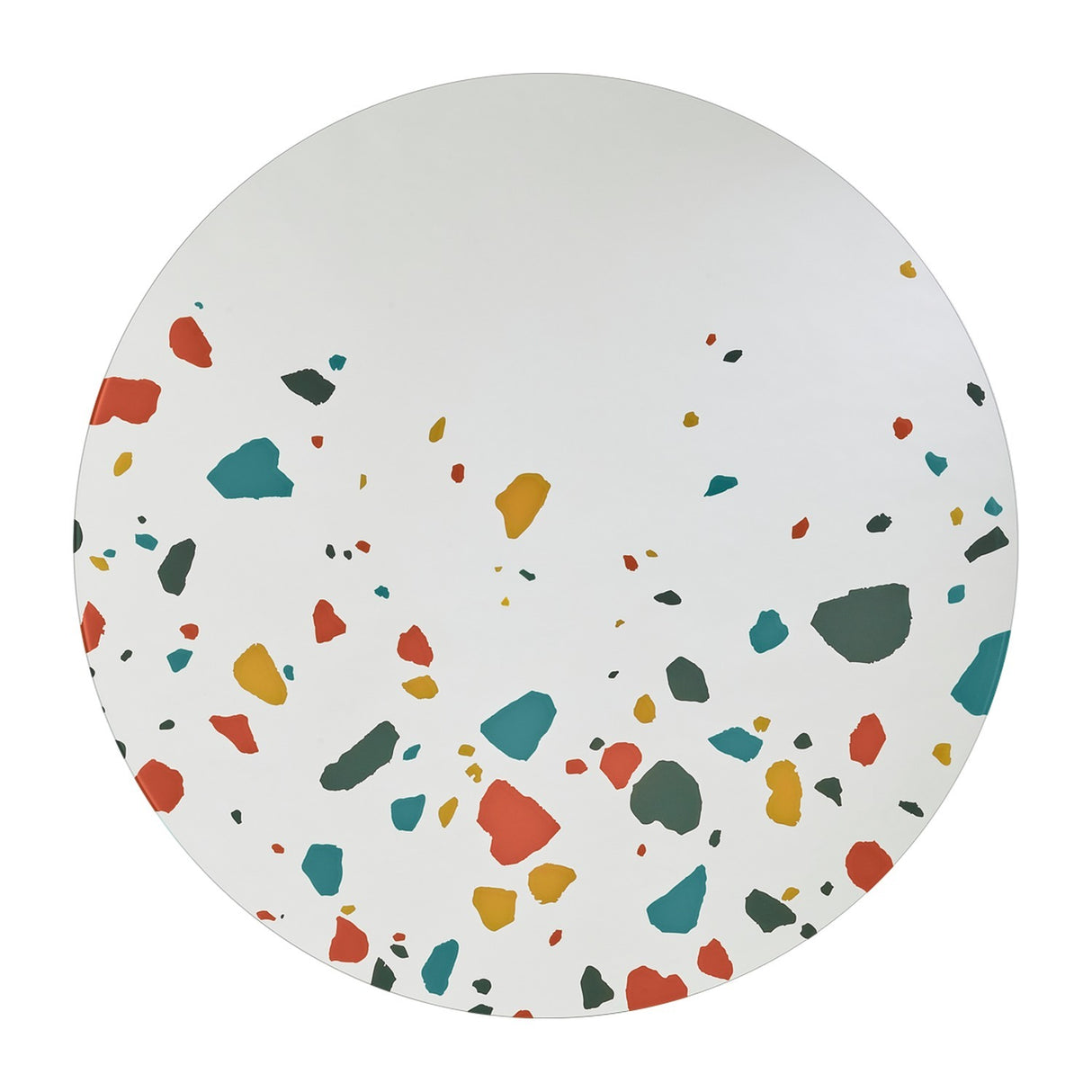 Round frameless wall mirror, 100cm, with terrazzo-effect chips in red, teal, ochre and grey printed across the lower edge, plain mirror above, on a white background.
