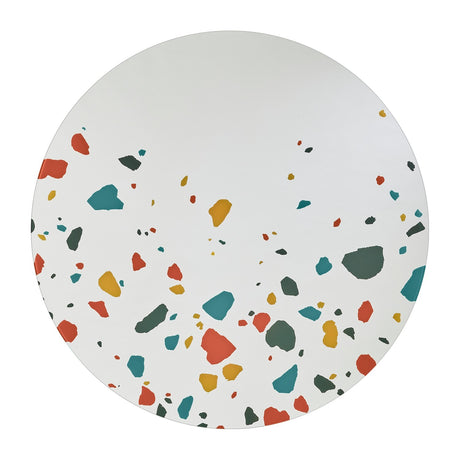 Round frameless wall mirror, 100cm, with terrazzo-effect chips in red, teal, ochre and grey printed across the lower edge, plain mirror above, on a white background.