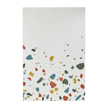 Rectangular frameless wall mirror, 120cm, with terrazzo-style chips in red, teal, ochre and grey printed along the lower edge, plain mirrored glass above, on a white background.