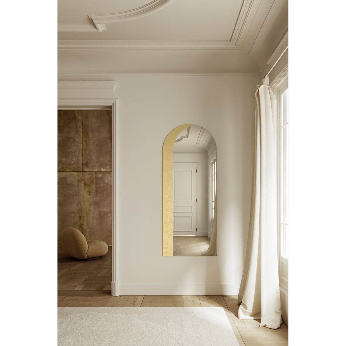 Gallery Gold Leaf Arch Top Wall Mirror 170cm, a frameless arched mirror with a hand-applied gold leaf band along one edge, mounted in a hallway with panelled doors and wood flooring reflected.