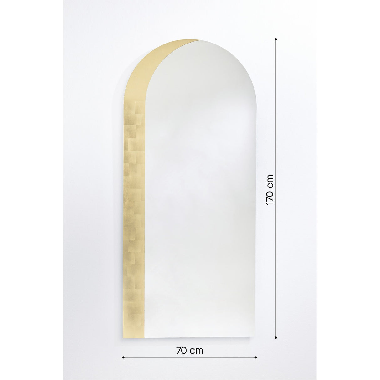 Gallery Gold Leaf Arch Top Wall Mirror, 170cm frameless arched mirror with a hand-applied gold leaf band in overlapping squares along one edge, shown with dimensions on a white background.