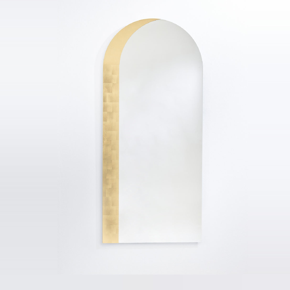 Gallery Gold Leaf Arch Top Wall Mirror, 170cm frameless arched mirror with a hand-applied gold leaf band in overlapping squares along one side and over the top, shown against a plain white background.