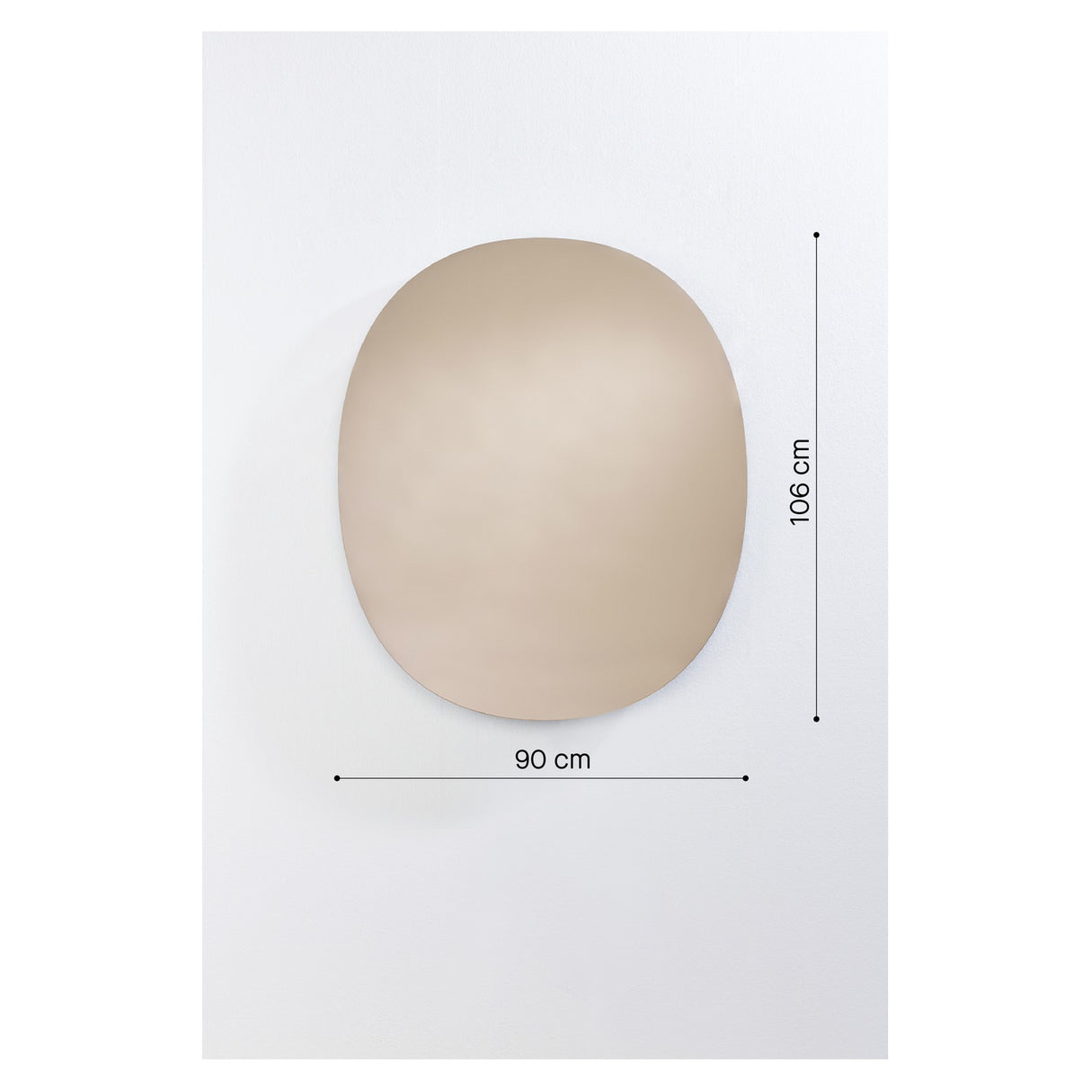 Oval Bronze Tinted Frameless Wall Mirror, 90cm wide by 106cm tall, with bare polished glass edges and no frame, shown against a plain white background with dimension markers.