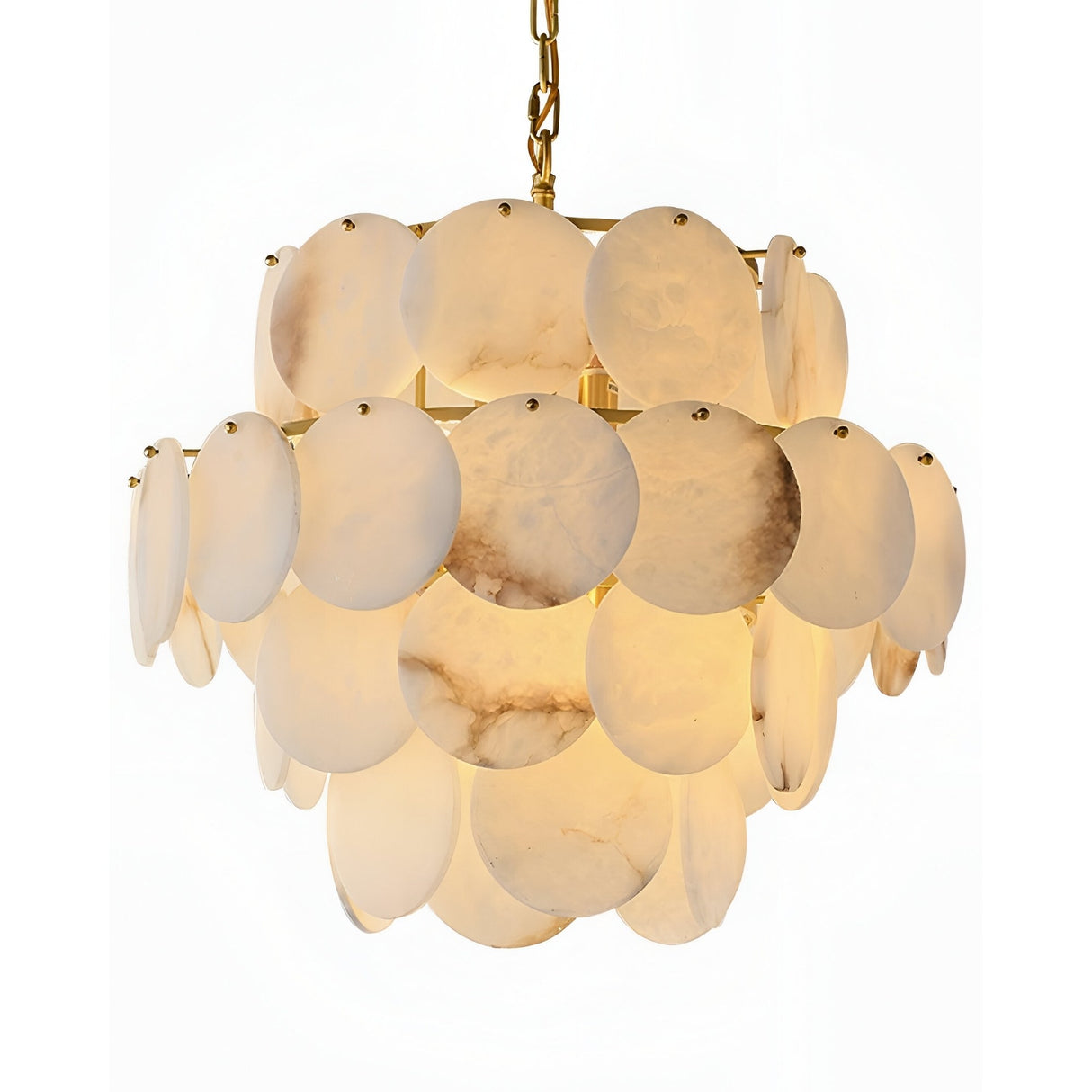 The Solyra 15 Light 4 Tier Petal Alabaster Chandelier in Soft White features layered, overlapping translucent discs suspended by a gold chain, creating an elegant, alabaster-inspired design that emits a warm, soft glow.