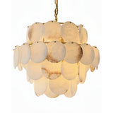 The Solyra 15 Light 4 Tier Petal Alabaster Chandelier in Soft White features layered, overlapping translucent discs suspended by a gold chain, creating an elegant, alabaster-inspired design that emits a warm, soft glow.
