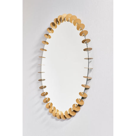 Ray Gold Disc Edged Round Wall Mirror 65cm with interlocking gold metal discs framing the oval glass, mounted on a plain white wall.