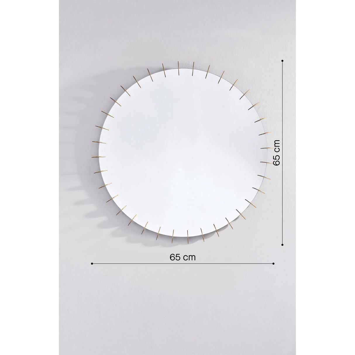 Ray Gold Disc Edged Round Wall Mirror, 65cm, with small gold metal discs evenly spaced around the frame, shown on a plain light grey background with size markers.