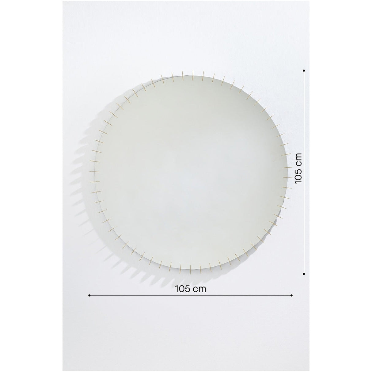 Ray round wall mirror, 105cm, with small gold powder-coated discs ringing the frame edge, shown against a plain white background with dimension markers.