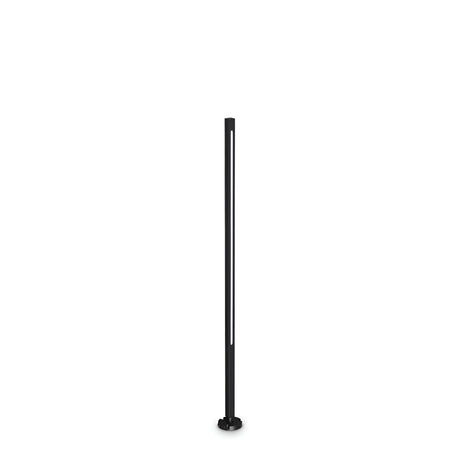The Arcera Outdoor LED Bollard Light in black features a sleek and modern design with a contemporary aesthetic. Standing upright at 120cm, it includes an energy-efficient lighting strip running vertically along its slim frame. Set against a plain white background, the lamp's stylish simplicity is accentuated.
