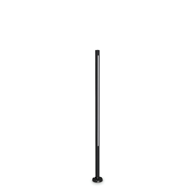 The Arcera Outdoor LED Bollard Light in black features a sleek and modern design with a contemporary aesthetic. Standing upright at 120cm, it includes an energy-efficient lighting strip running vertically along its slim frame. Set against a plain white background, the lamp's stylish simplicity is accentuated.