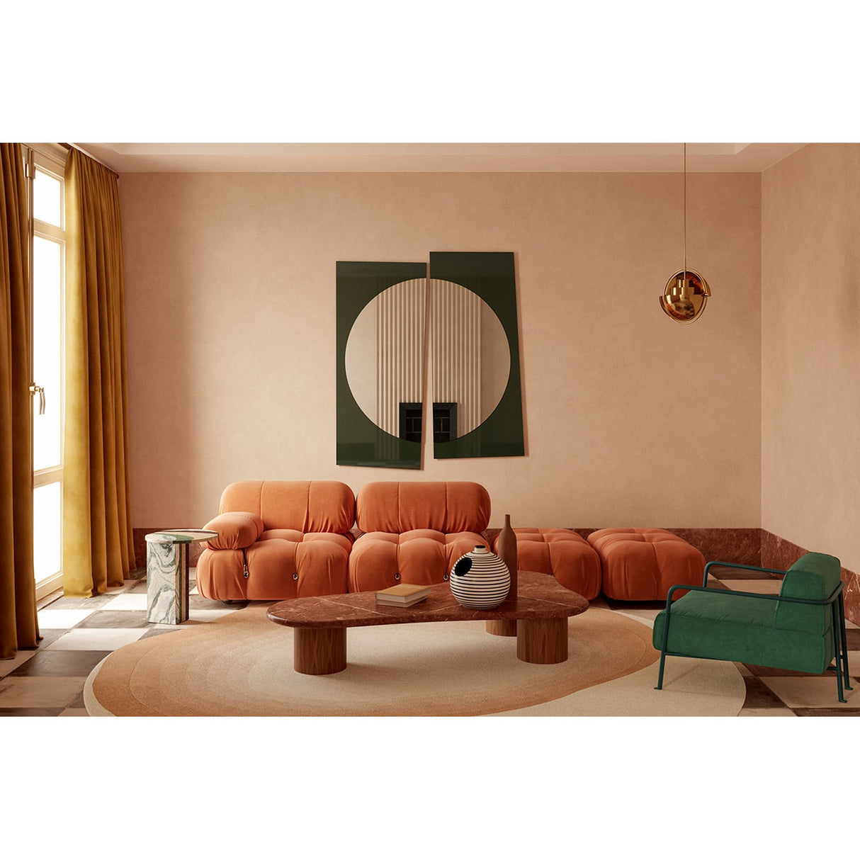 Noren Two Panel Green Printed Glass Wall Mirror 176cm
