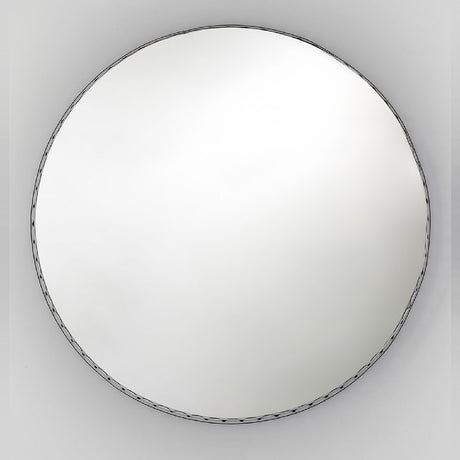 Reel Perforated Rim Round Wall Mirror 100cm in Black, a circular mirror with a thin black metal band featuring a row of small perforations along the edge, shown on a plain light grey background.
