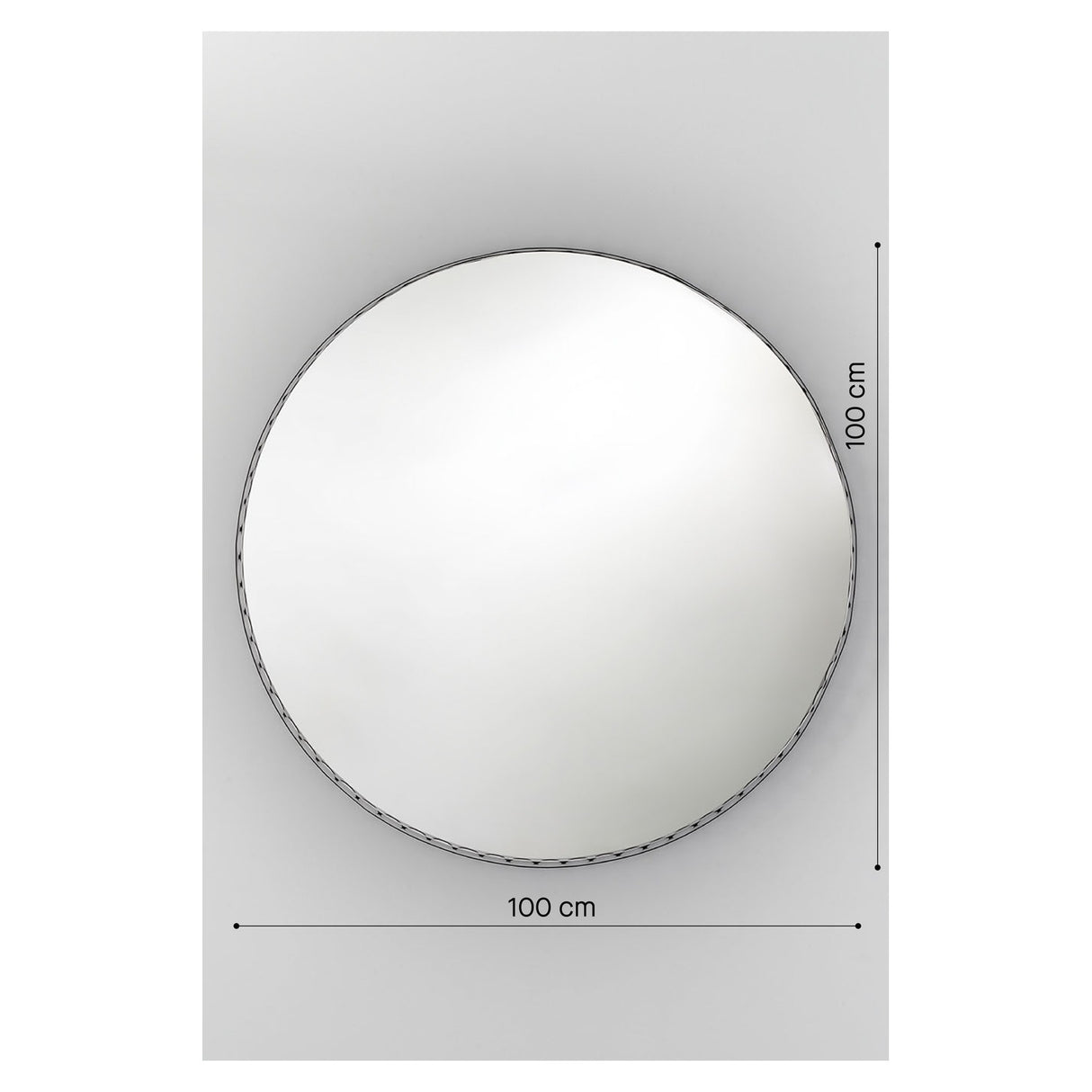 Round black metal wall mirror with perforated rim detailing, 100cm diameter, shown against a light grey background with dimension labels.
