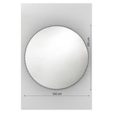 Round black metal wall mirror with perforated rim detailing, 100cm diameter, shown against a light grey background with dimension labels.
