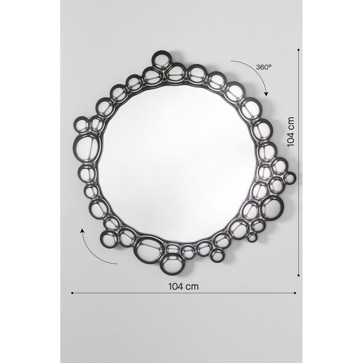 Bubbles Printed Glass Round Wall Mirror 104cm with black bubble-patterned frameless edge, shown with dimension markers on a plain grey background.