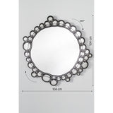 Bubbles Printed Glass Round Wall Mirror 104cm with black bubble-patterned frameless edge, shown with dimension markers on a plain grey background.