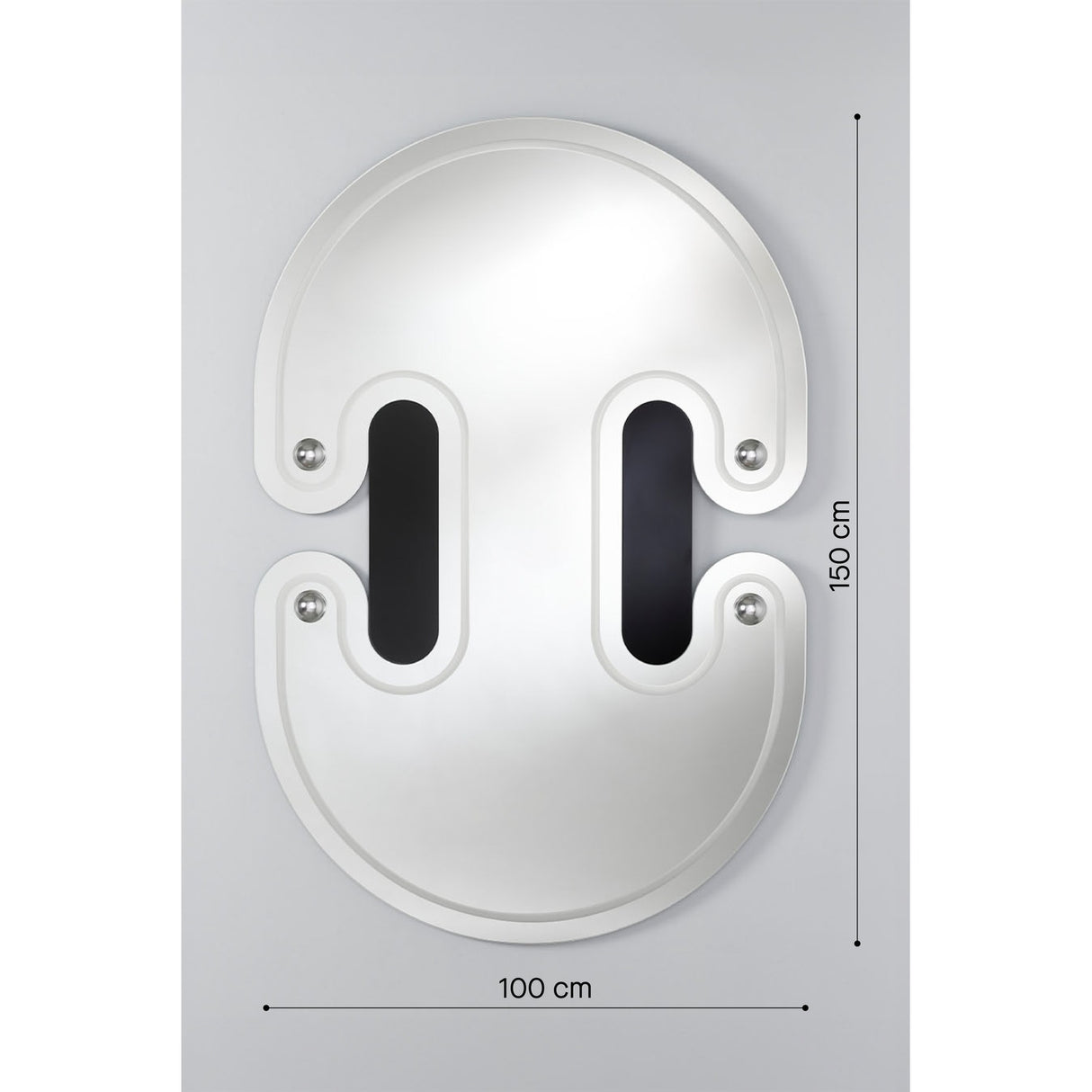 Silver leaf engraved orbit wall mirror, 150x100cm, irregular silvered glass with two black lacquered ellipses and four silver leaf half-sphere accents, shown on light grey background.