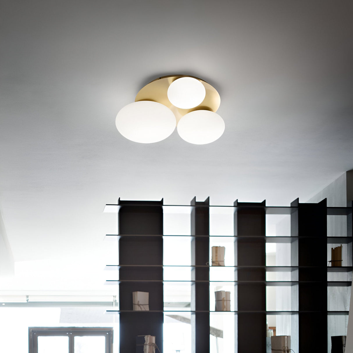 A modern interior features an elegant Halion 3 Light Flush in brass, adorned with globe-shaped bulbs and metal accents. Below it, an open shelf with glass dividers showcases various items, while a window in the background invites natural light to illuminate the room.