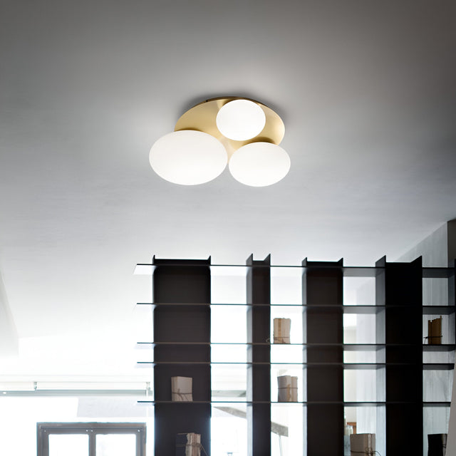 A modern interior features an elegant Halion 3 Light Flush in brass, adorned with globe-shaped bulbs and metal accents. Below it, an open shelf with glass dividers showcases various items, while a window in the background invites natural light to illuminate the room.